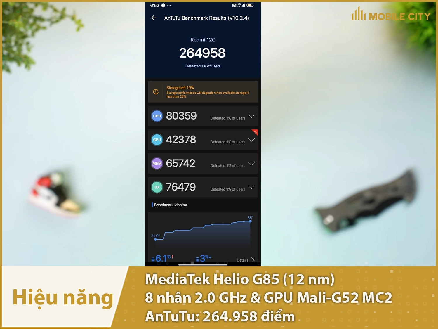 Chip Helio G85 mượt mà với 264.958 điểm AnTuTu