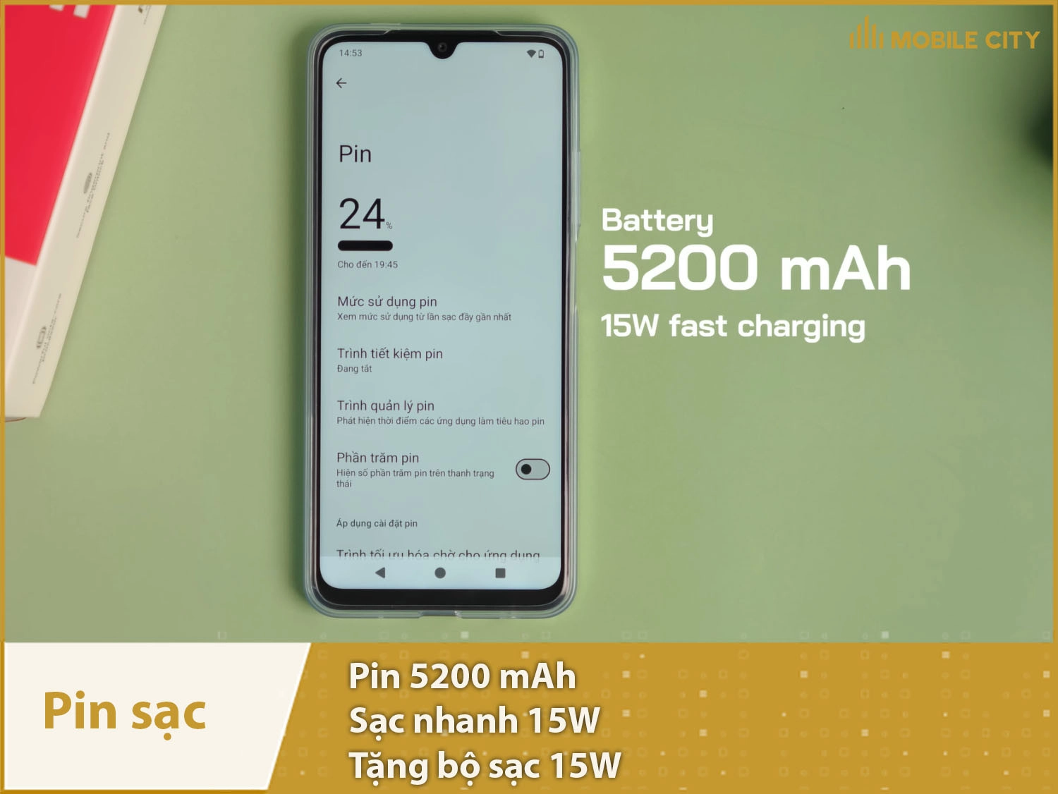 Pin lớn 5200mAh & Tích hợp sạc nhanh 15W