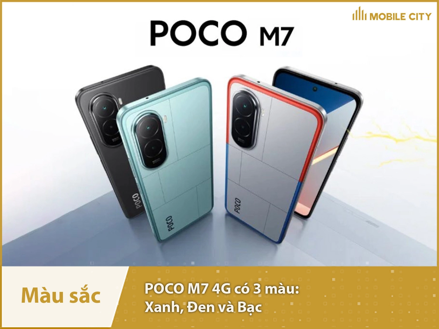 POCO M7 có các màu Đen, Xanh và Bạc