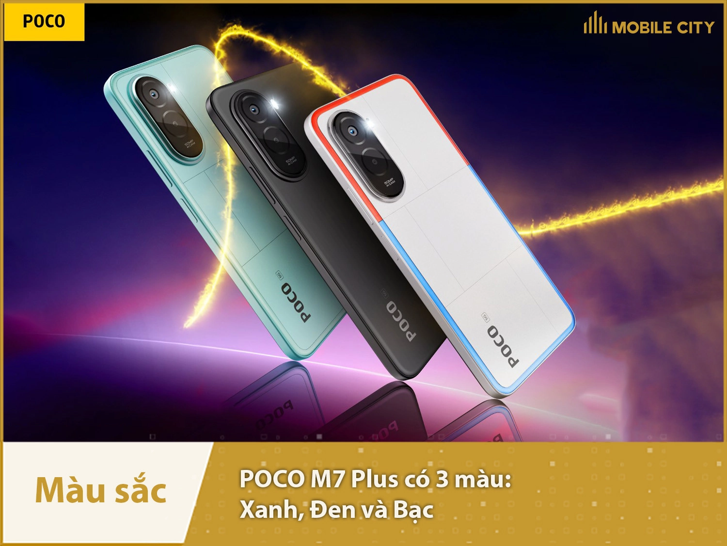 POCO M7 Plus có các màu: Đen, Xanh và Bạc