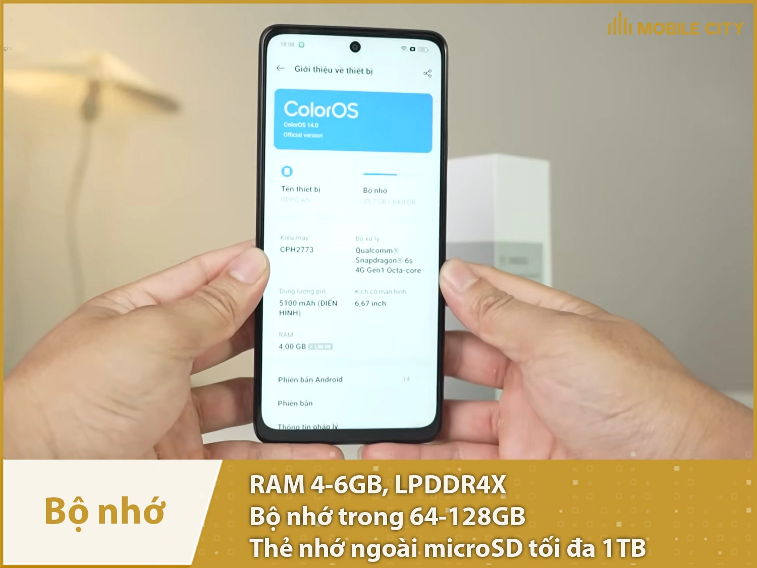 OPPO A5i có RAM 4-6GB & Bộ nhớ trong 64-128GB