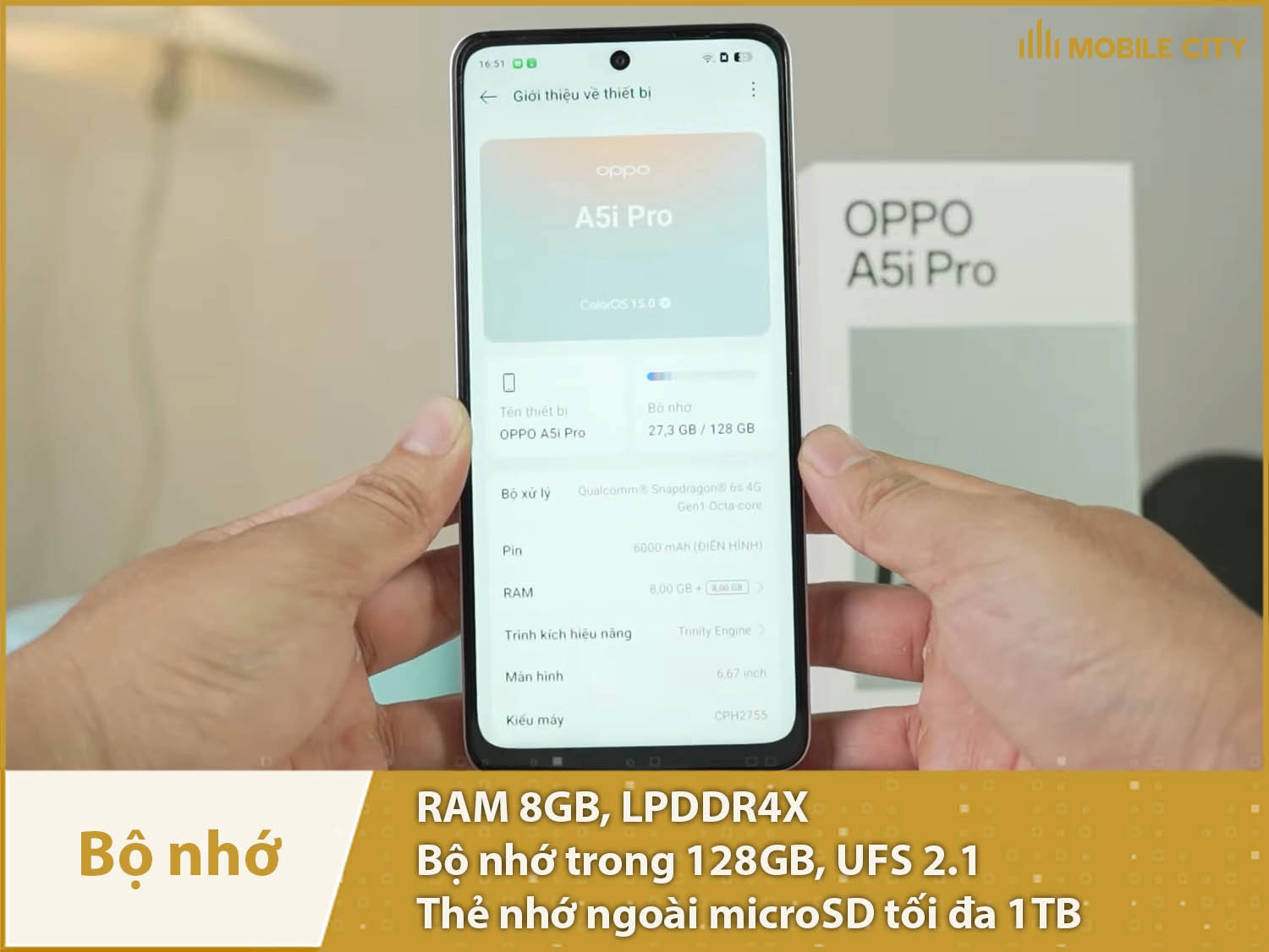 OPPO A5i Pro có RAM 8GB & Bộ nhớ trong 128GB